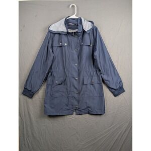 Bloggerlove Womens‎ Navy Blue Hooded Rain Jacket Windbreaker Striped Lining M